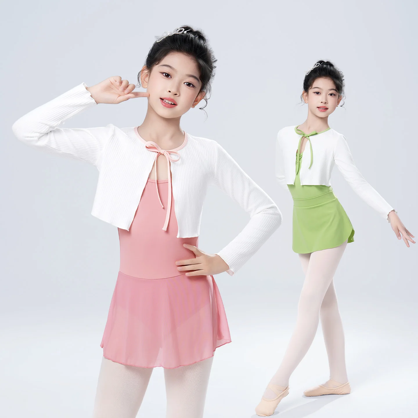 Girls Kid Dance Tops Contrast Color Lacing Ballet Top Classical Long Sleeve Ballet Cardigan Shawl Short Dance Ribbed Tops