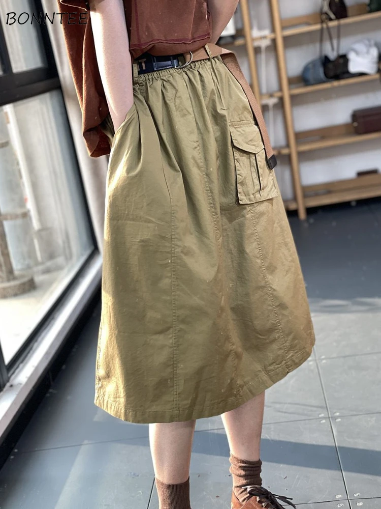 

Cargo Style Midi Skirts Women High Waist Korean Fashion Streetwear Faldas All-match A-line Baggy Casual Designed Harajuku Chic