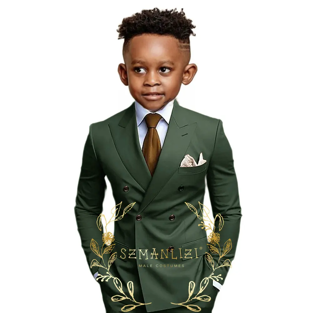 Brown Boys Suit Double Breasted Jacket Pants 2 Piece Set Business Style Formal Wedding Tuxedo Custom Size Blazer Kids