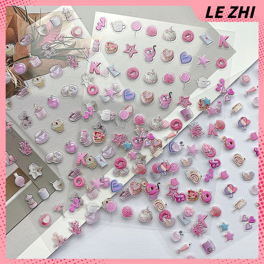 1Pcs 5D Relief Pink Candy Nail Art Kawaii Stickers Dessert Alphabets Pentagram Self Adhesive Slider Sticker Nail Art Decals