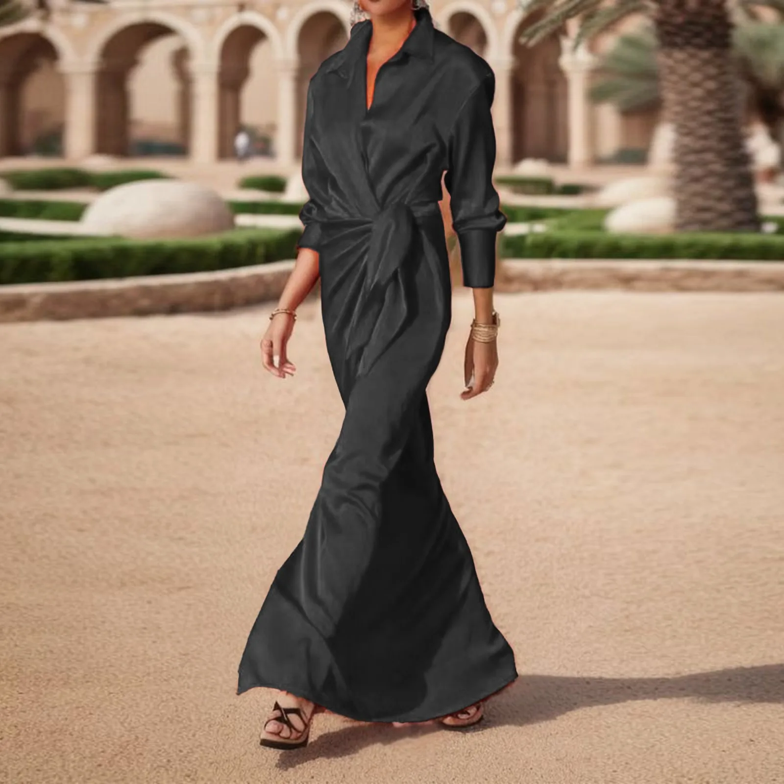 

Women's Tie Up High Waist Slit Mopping Dress Long Sleeved Lapel Sexy Dress floral dress Boho