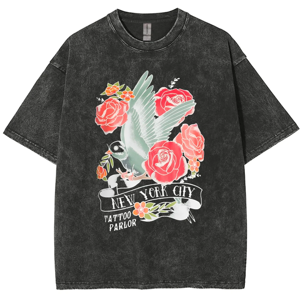 Romantic Rose-Printed Cotton Women's T-Shirt Washed Faux Denim Oversized Half-Sleeved Sweet Elegant Casual Top