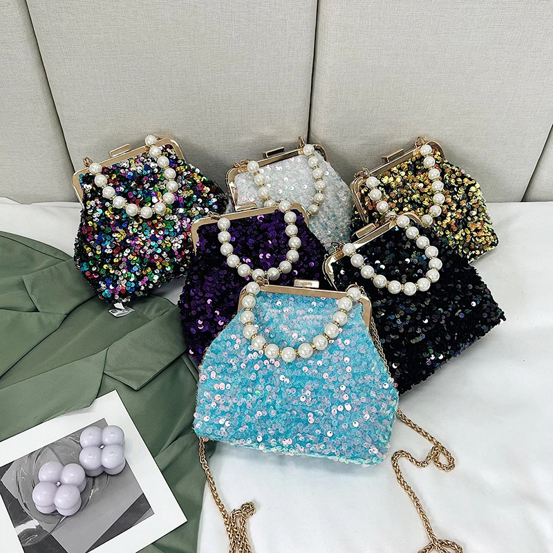 New Pearl Sequins Luxury Evening Bags for Women Metal Hasp Tote Wedding Party Clutch Shoulder Chain Handbags Shiny Coin Purse