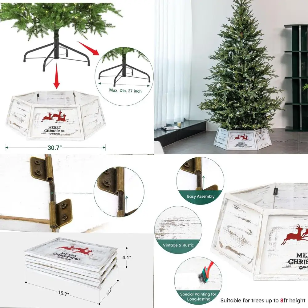 

Handcrafted Vintage Rustic Wooden Tree Skirt, Distressed White, Natural Wood Christmas Tree Base Cover