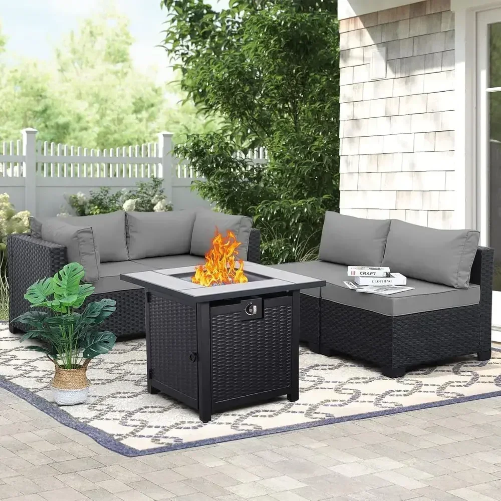 5-Piece Outdoor Patio Furniture Set with Black Rattan Sectional Sofa, Resin Wicker Chairs, Propane Fire Pit Table, and Grey Cush