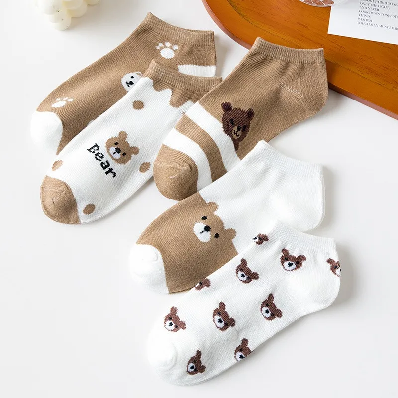 Socks Women's 5 Pairs Of Cute Kawaii Little Bear Love Fashion High-end Low Top Short Tube Women's No-show Socks CZ104