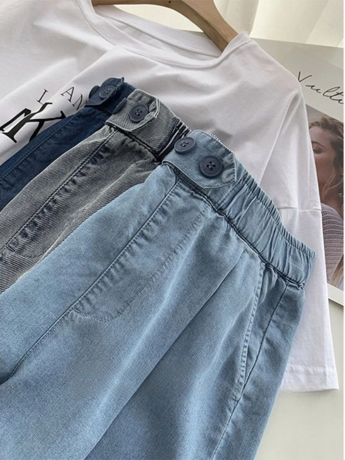 

Большие размеры, свободные широкие шелковые джинсовые брюки, женские летние джинсы трапециевидной формы с высокой талией, утягивающие джинсы длиной пять четвертей