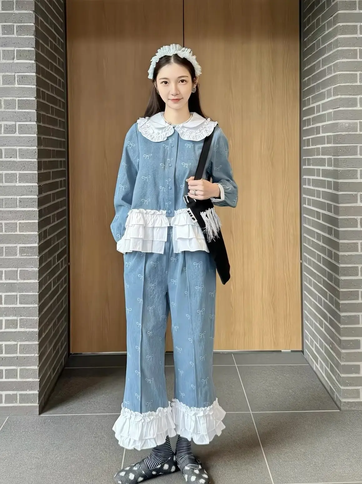 2026 New Niche Design Retro Lazy Style Butterfly Bow Japanese Ruffle Edge Casual Comfortable Denim Wide Leg Pants for Women