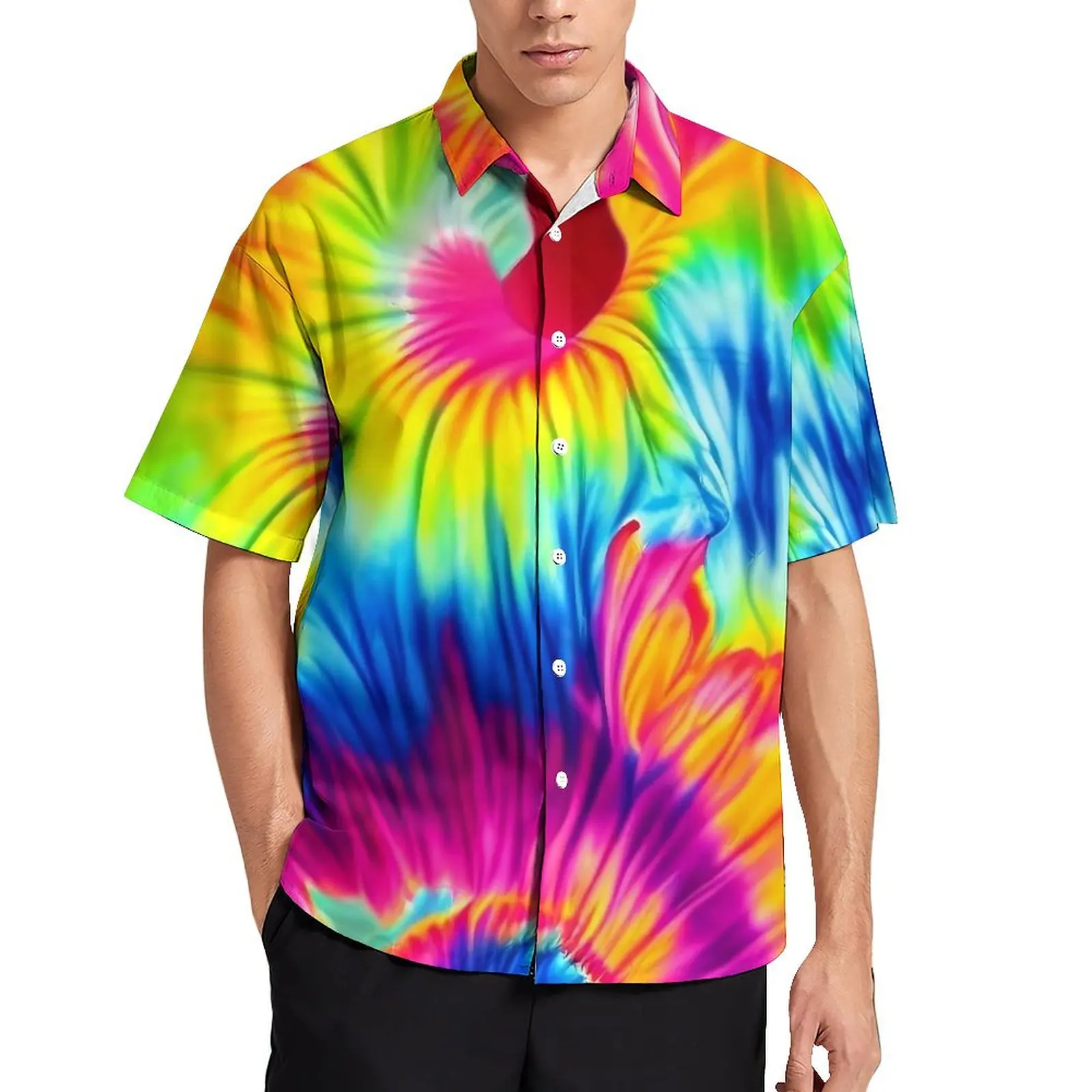 

Tie Dye with A Twist Vacation Shirt Rainbow Hawaiian Casual Shirts Mens Vintage Blouses Short Sleeve Street Style Custom DIY Top