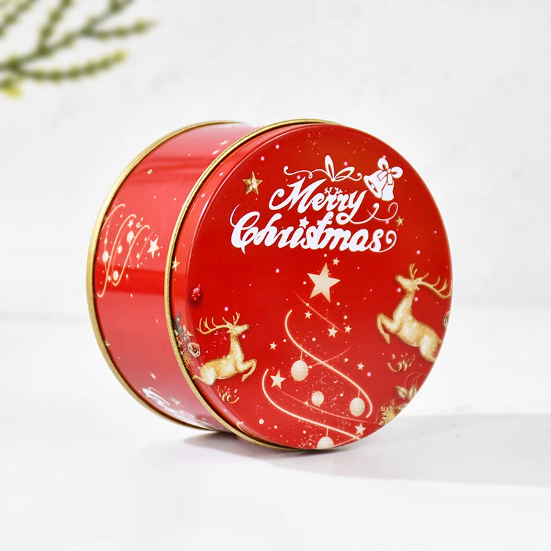 

Christmas Round Candy Tins Tinplate Box Xmas Chocolate Cookie Box Packaging Jar Candle Container Gift Case 2025 New Year Navidad