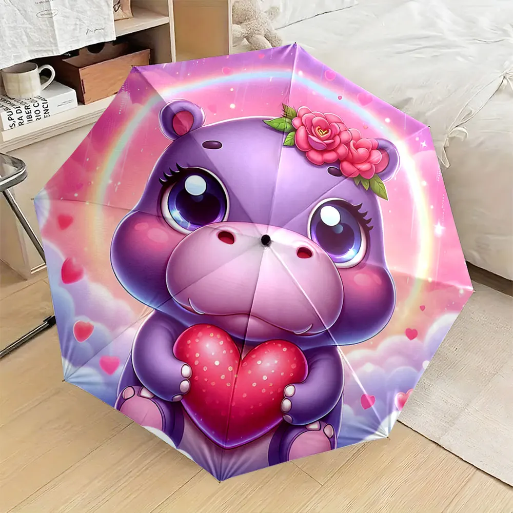 1PC Cute Hippo Umbrella with Heart and Rainbow Design Print 8 Iron Ribs Folding Umbrella Auto-Open Fashion Sunshade
