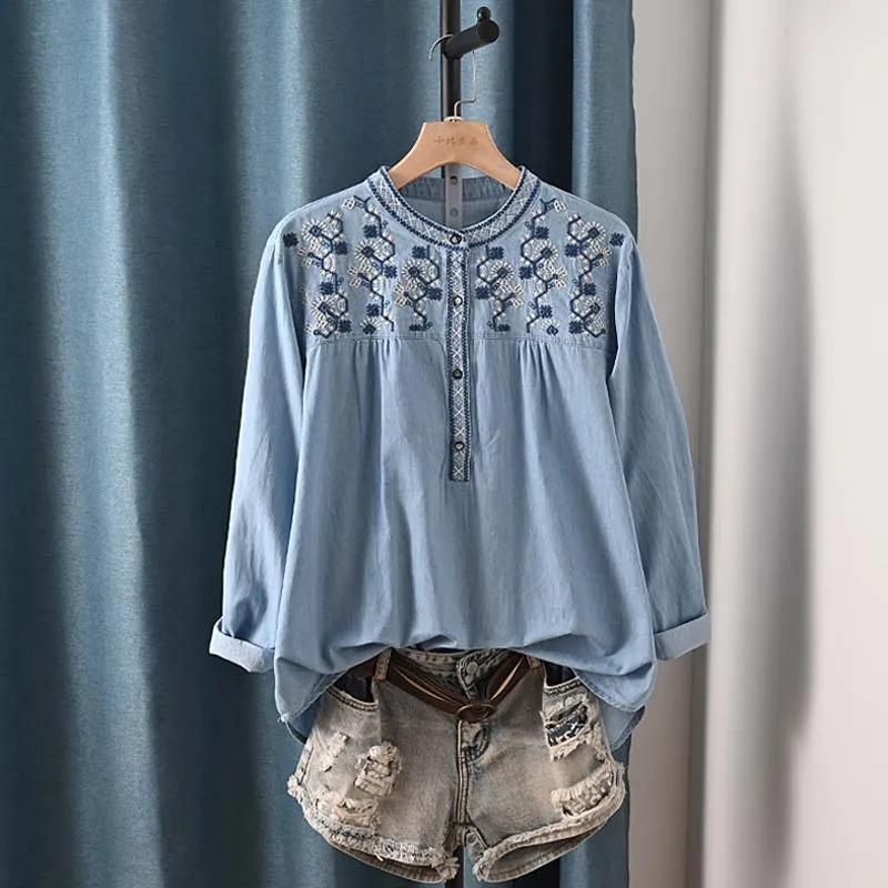 New Spring Cotton Denim Shirt Women O-Neck Long Sleeve Tops Girl Retro Embroidery Commute Loose Blouse 2024 Autumn Coat T43740QM