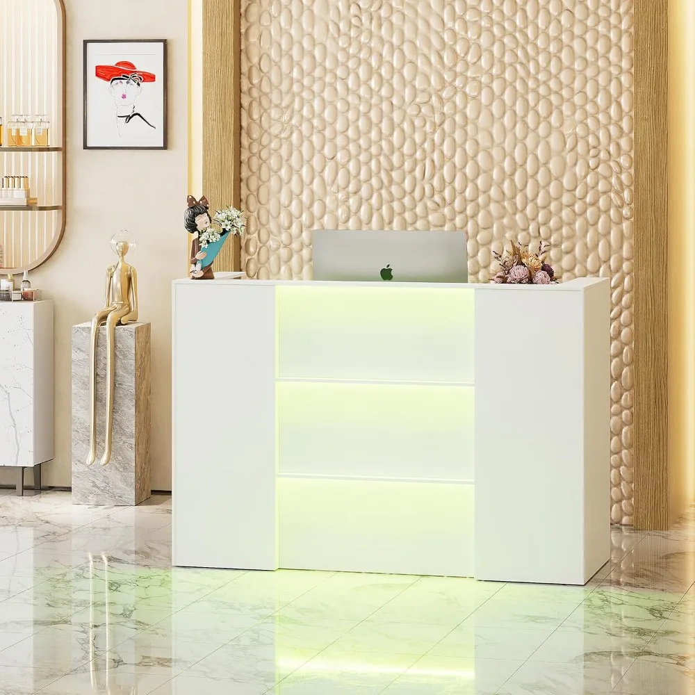 63-дюймовый приемный стол, стойка регистрации со светодиодной подсветкой RGB, современная стойка регистрации со стойкой, запираемым ящиком и открытыми полками,