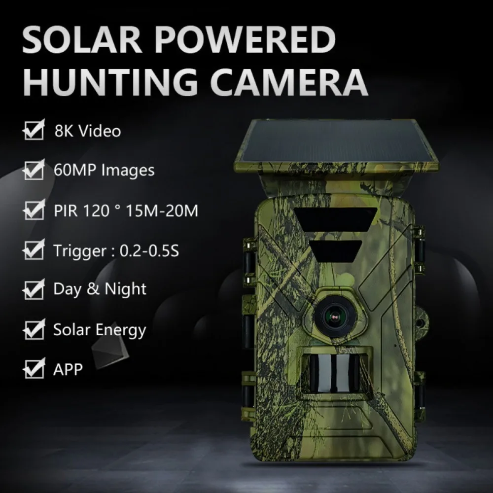 Wi-Fi 60MP 8K Solar Panel Hunting Camera Infrared Night Vision Monitoring Wildlife Trap Trail Camera Video Photo Recorder Cam