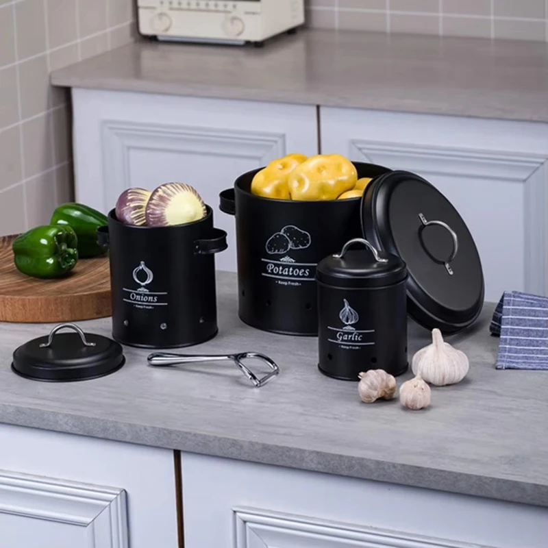 Set di secchielli portaoggetti in metallo da 3 pezzi con sistema di ventilazione a 360 gradi Scatola portaoggetti multiuso per patate all'aglio di grande capacità-AT36