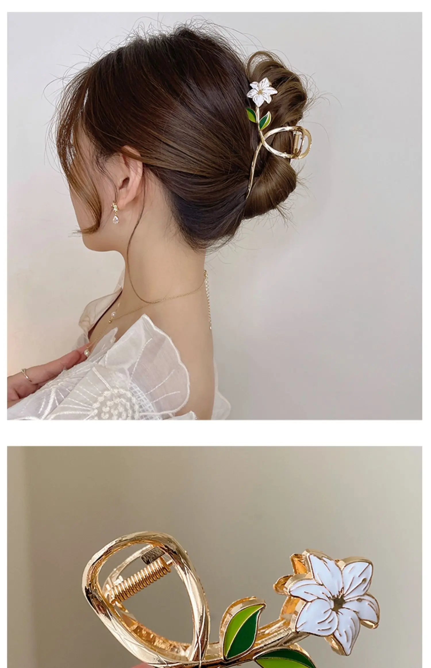 Neue Damen-Haarspange aus Metall, elegante goldene Blumen-Haarspangen, Haarklammer, Krabben-Haarband, Pferdeschwanz-Clip, Kopfschmuck, Haaraccessoires, Tiara – Detail 5