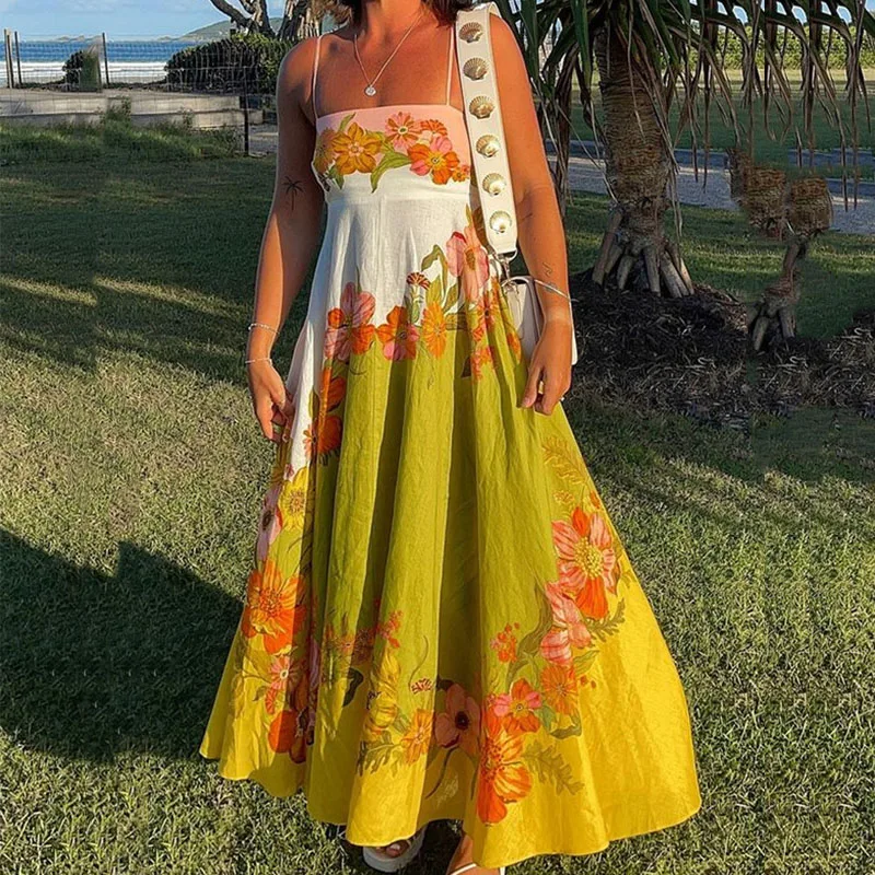 

Elegant Pattern Print Pleated Long Dress Women Sexy One Shoulder Spaghetti Straps Dress Casual Cotton Linen Loose Party Dresses