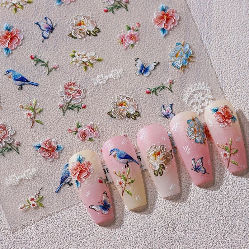 Traditional Chinese Suzhou Embroidery Peony Flower Chic Bird Lily Plum Blossom Daisy Butterfly Nail Art Stickers Manicure Decals