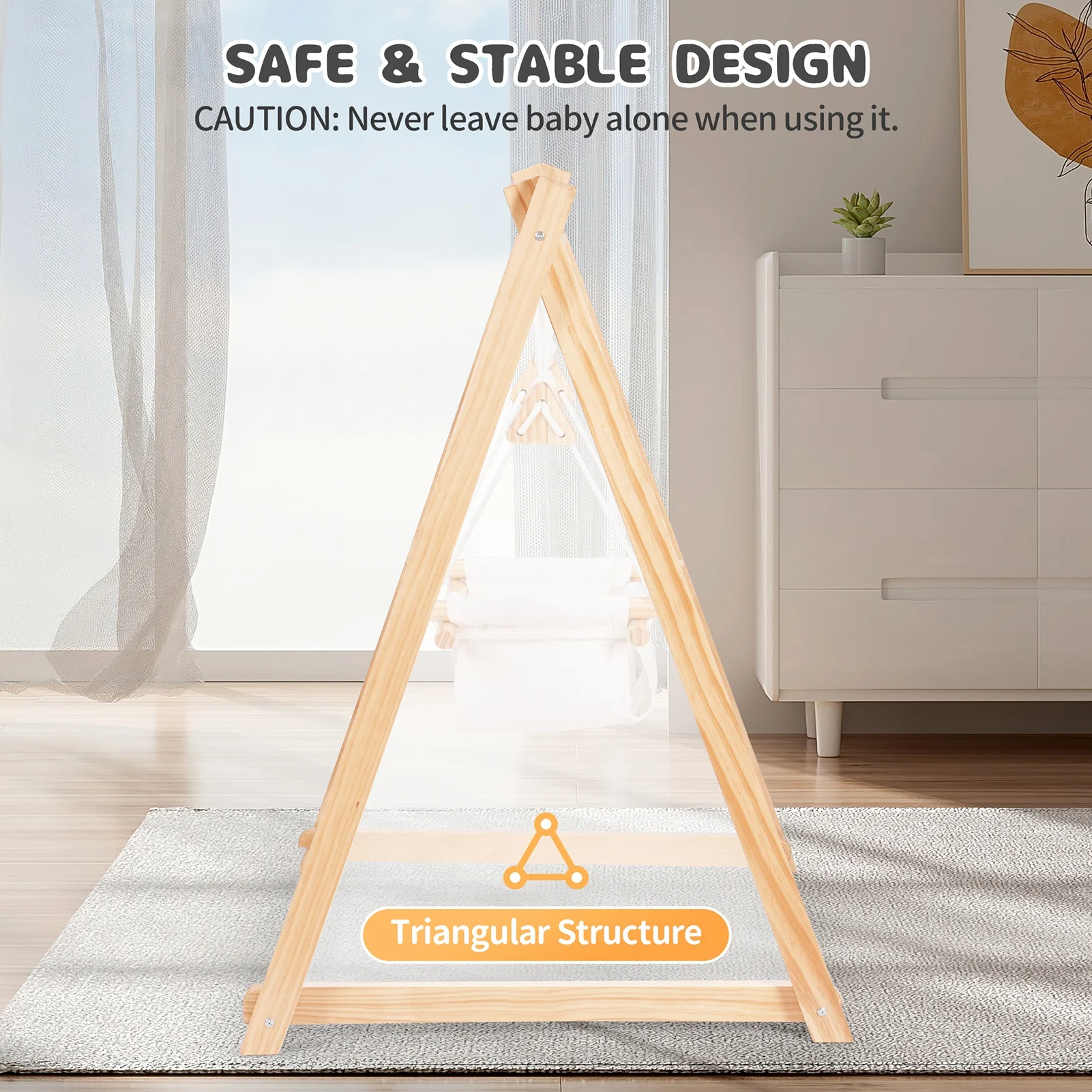 Balançoire pour tout-petits avec cadre en bois pliable et détachable, adaptée aux aire de jeux intérieure et extérieure et au parc