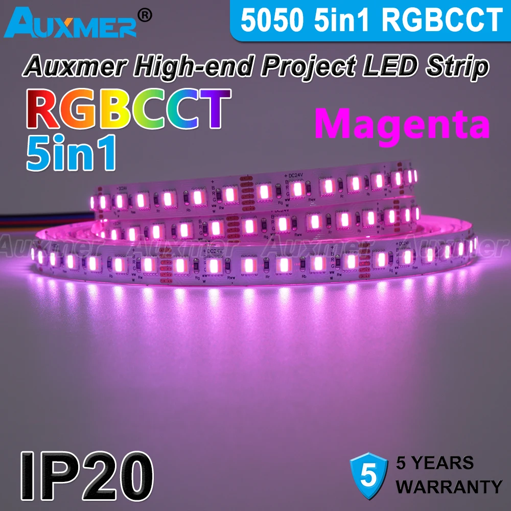 5050 RGBCCT Luzes de tira LED, 60 ou 96 LEDs/m, 5 em 1, IP20, 38,4 W/m, tiras de LED RGBCCT 2400K~6500K, temperatura ajustável, KTV, faça você mesmo