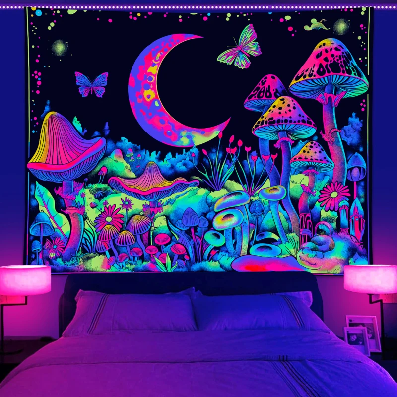 1pc UV reaktiven Pilz Wandteppich, Pflanzen blume Sternen himmel Wandteppich, Mondphase Schmetterling Neonlicht Effekt Wandteppich