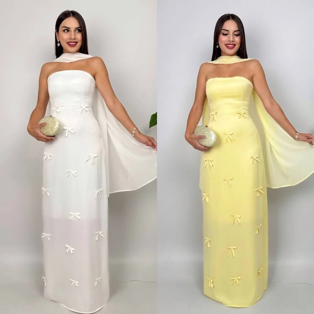 

Customized Simple Fashion Chiffon Pleat Bow Straight Strapless Long Dresses Bespoke Occasion Dresses Sizes Available Exquisite
