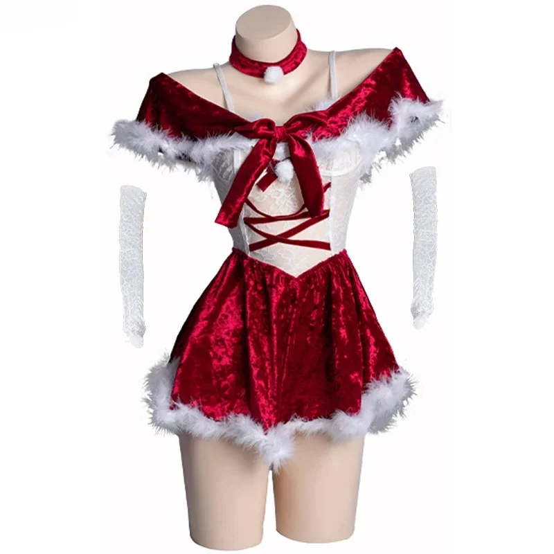 

Christmas Party Lace Suspender Red Velvet Dress Short Skirt Role Play Women Sexy Santa Claus Plush Uniform New Year Nightdress