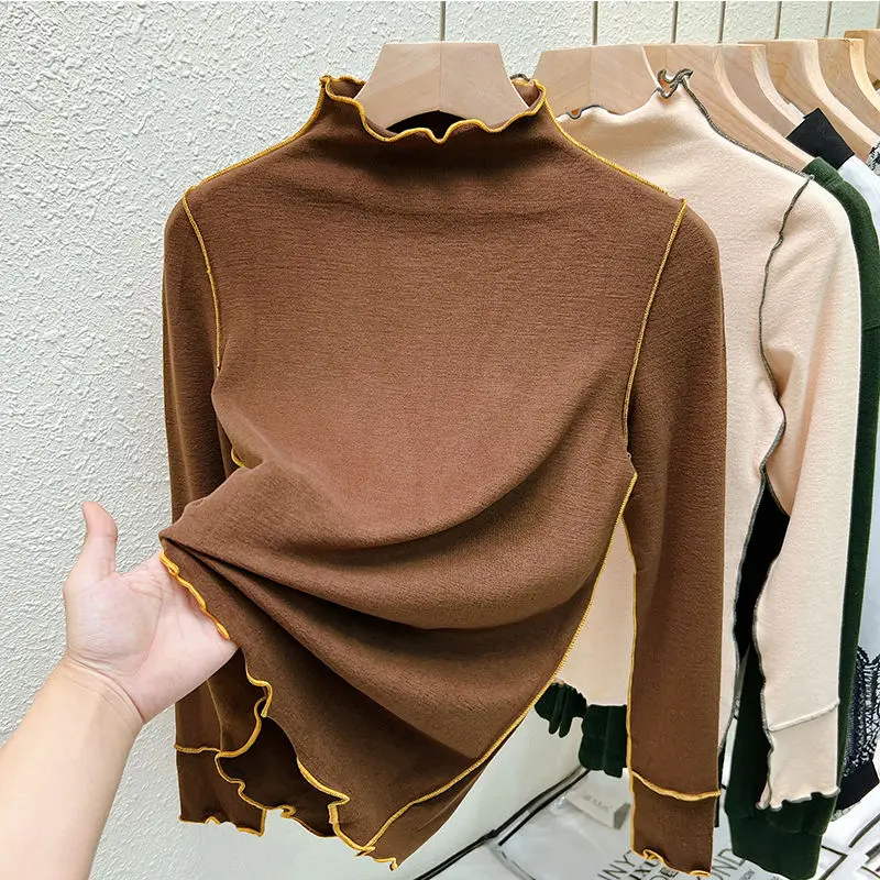 2023 New Autumn Korean Fashion Vintage Office Lady Casual Aesthetic Elegant Grace T-shirt Solid Color Turtlenecks Top Women