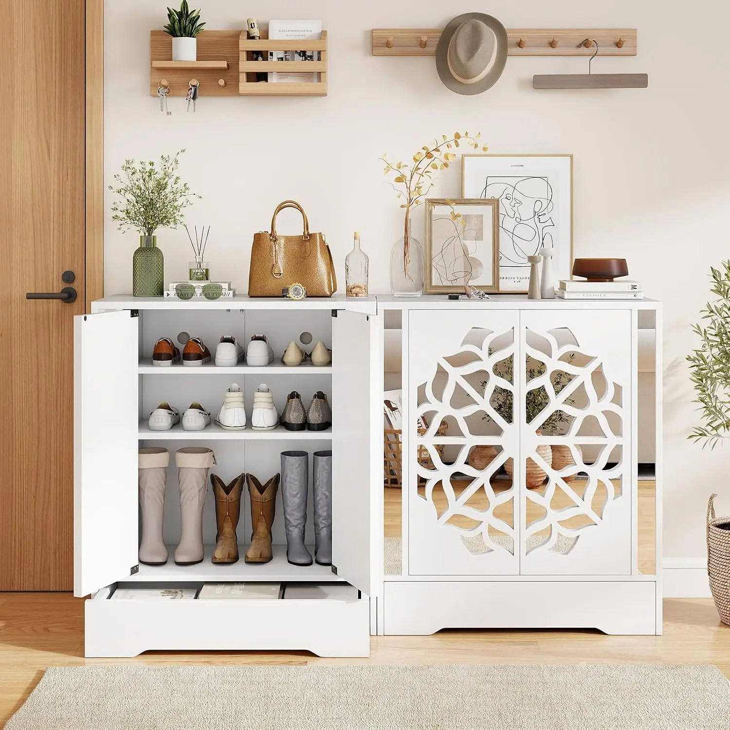 4-Tier Mirrored Shoe Cabinet with Doors & Drawer, Modern Storage Organizer for Entryway Hallway Living Room, Customized