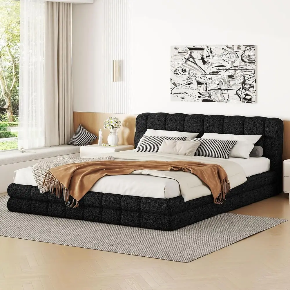 

Upholstered Platform Bed with Thick Fabric for Unique Style - Suitable for Kids and Adults Bedrooms (Black, Queen Size)