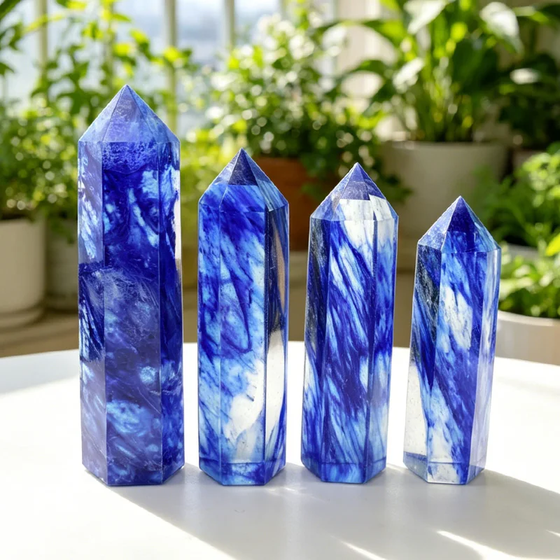 Blue Smelting Quartz Crystal Point Wand Tower Healing Stone Obelisk Meditation Home Decor Gift