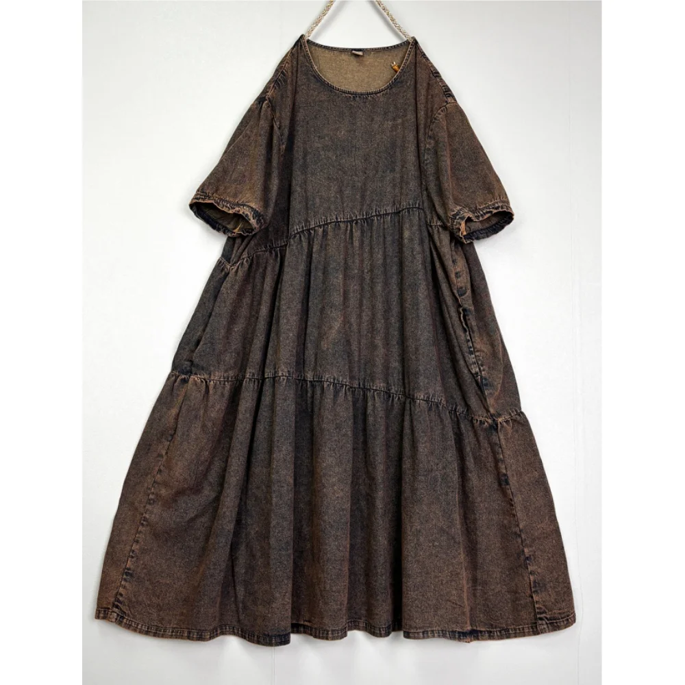 Washed Distressed Denim Short-sleeve Dress Women Loose Casual Large Hem Dress LX5788