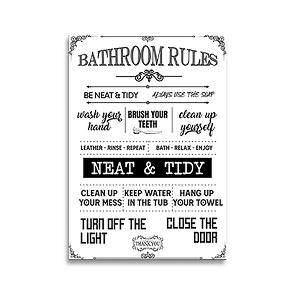 Bathroom Rules Funny Bathroom Quotes Black and White Typography Wall Art Print for Bath Toilet Restroom Bathroom Laundry Room