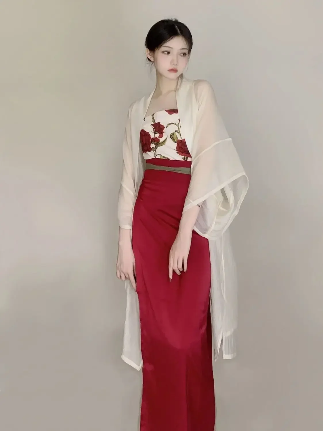 

Chinese Traditional Hanfu Set Women's Summer Retro Loose Cardigan Top+Spicy Blossom Tank Top+High Waist Skirt Three Piece Set