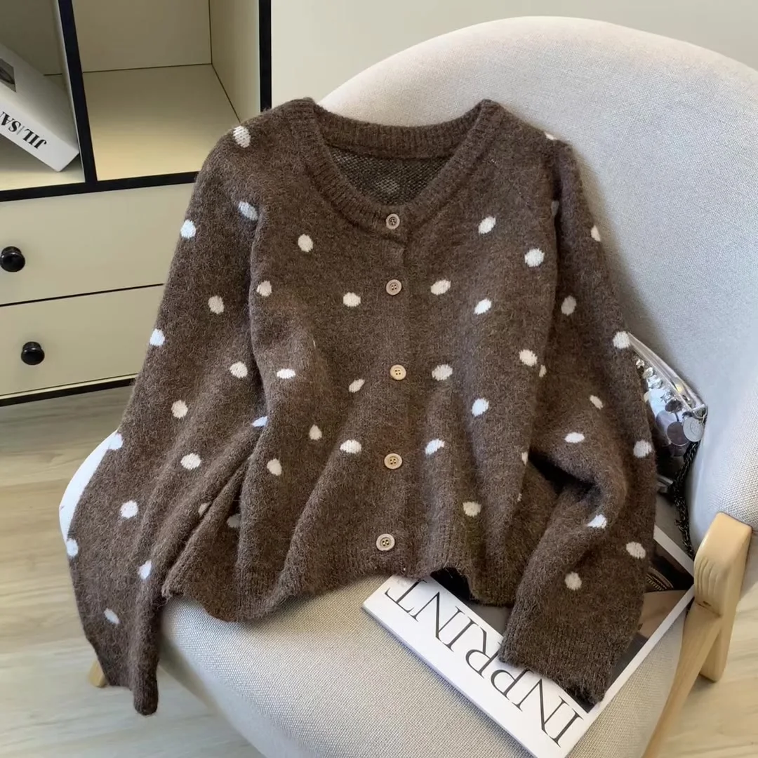 

Женский коричневый кардиган в горошек, вязаный свитер, винтажный джемпер 2000-х годов, трикотаж с длинными рукавами, корейский мягкий уютный свитер, осень-зима