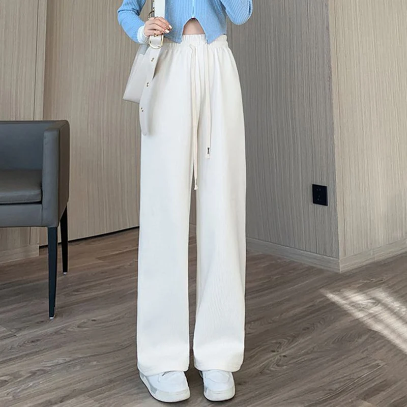 กางเกงขายาวทรงกระบอกขาบานสไตล์เกาหลีสำหรับผู้หญิง เอวสูงลำลอง แฟชั่นทันสมัย สวมใส่สบาย มีเชือกผูก