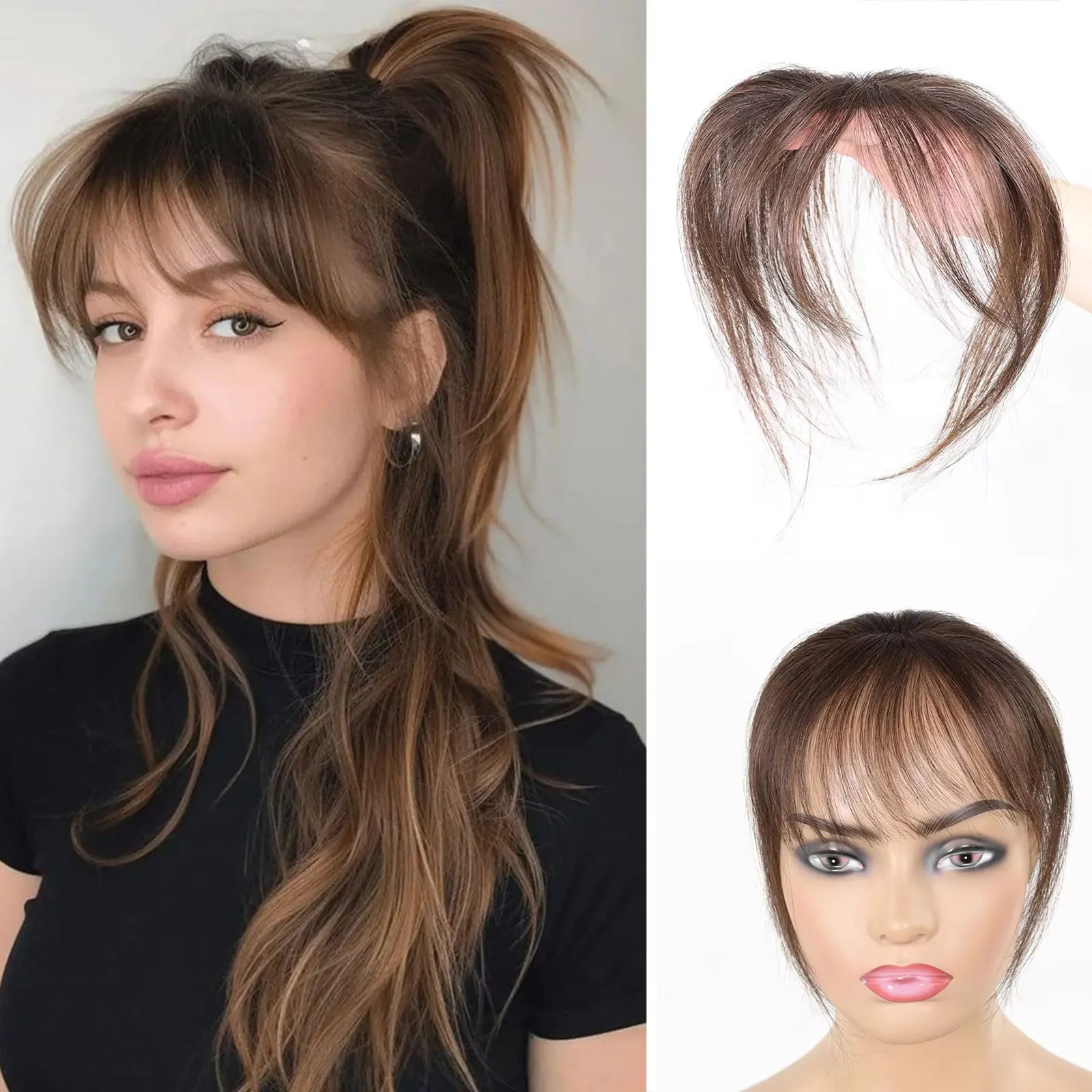 

Коричневые заколки во французском стиле с воздушной челкой, настоящие человеческие волосы, тонкая челка для волос, воздушная челка, бахрома, шиньоны для женщин, для повседневного ношения