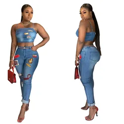 Summer Jeans Outfits 2024 Women Clothes Sets 2 Piece Birthday Party Club Sexy Crop Top and Pants Denim Two Piece Mathcing Set