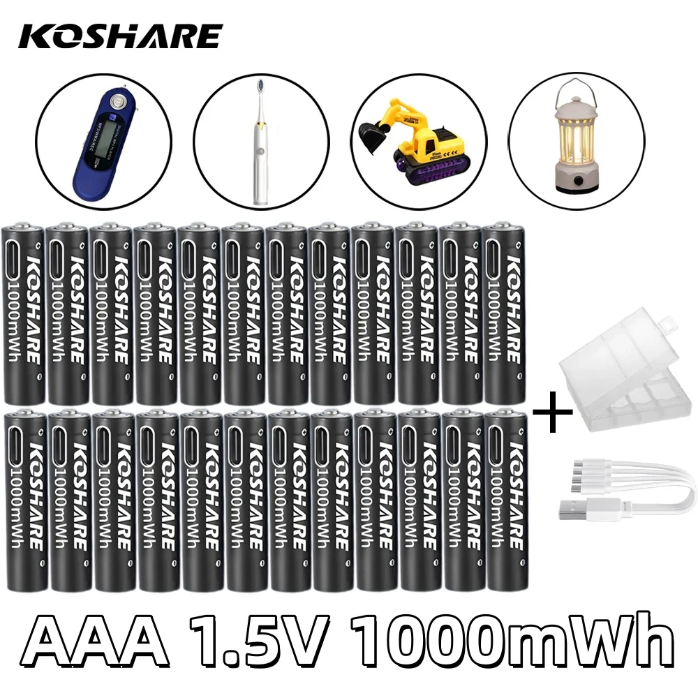 

﻿ KOSHARE AAA 1.5V Li-ion Rechargeable Batteries 1000mWh Type-C Lithium AAA Battery For Remote Control Alarm Clocks