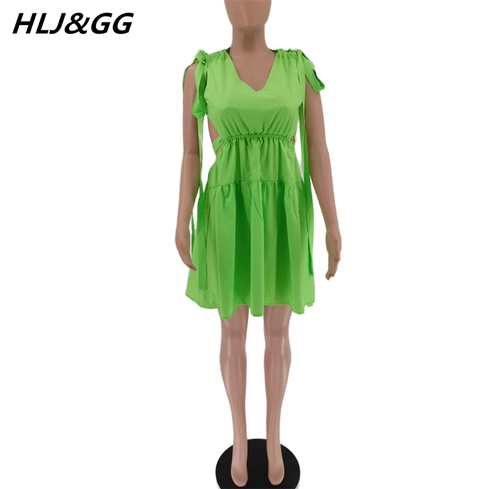 HLJ & GG-Vestido corto informal de verano para mujer, minivestido con espalda descubierta y cordones, cuello redondo, corte en A, sin mangas, Color