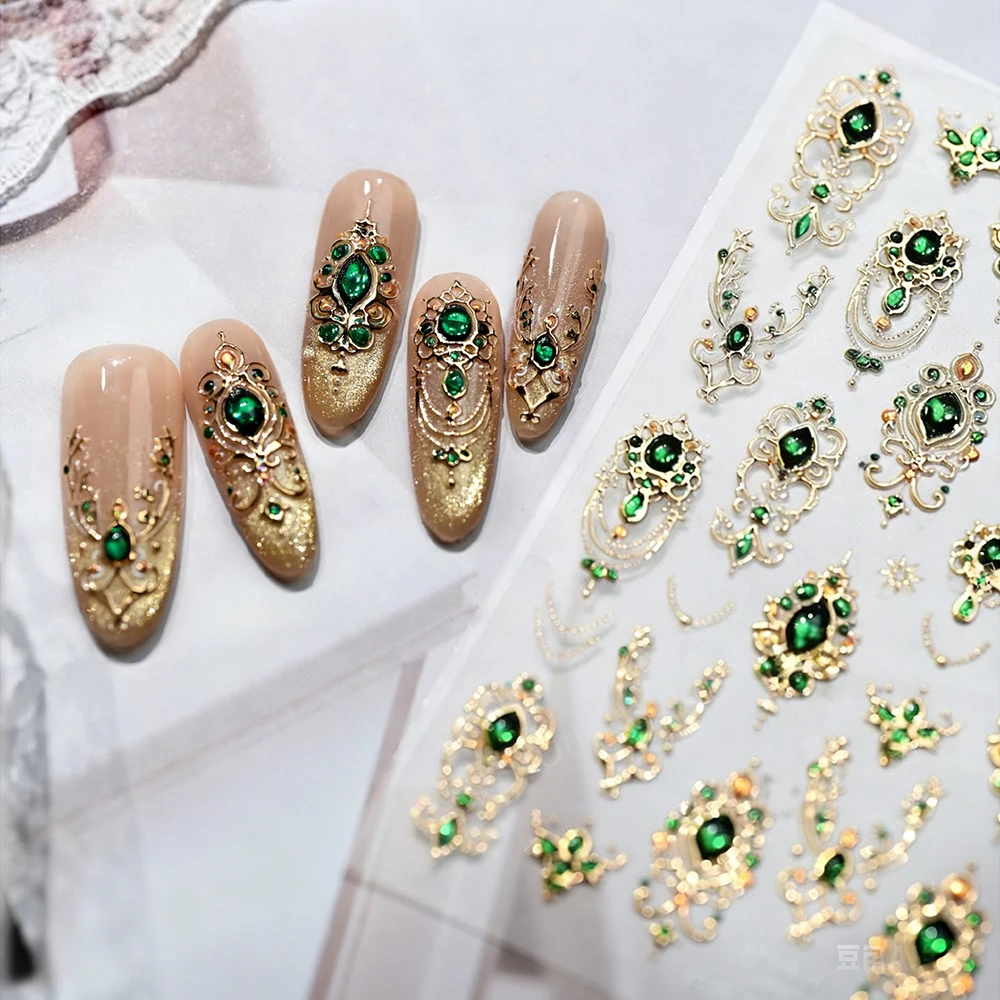 5D Embossed Emerald Gemstones Nail Art Stickers Luxury Golden Frame Baroque Flower Nail Decals Green Rhinestones Nail Supplies