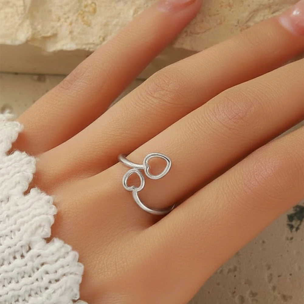 Minimalist Classic Stainless Steel Ring Double Heart Gold Plated Wedding Promise Ring for Women Men Engagement Jewelry Gifts