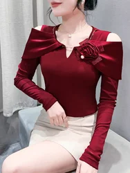 Women T-shirt Fashion T Shirt Cotton Slim Tee For Ladies Autumn Clothing New Long Sleeve Beading V-Neck Tops