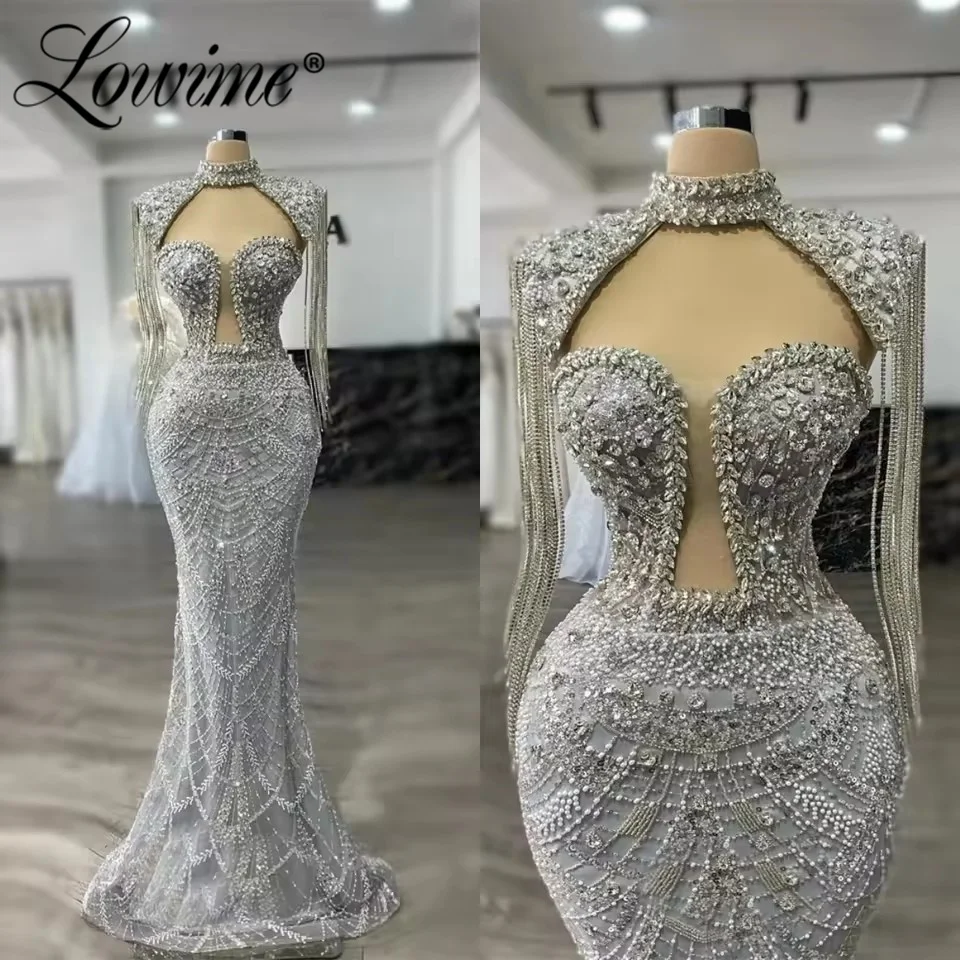 

Silver Prom Dresses With Cape Tassels Crystal Long Party Dress Arabic Evening Gowns Customized Vestidos De Cóctel Cocktail Dress