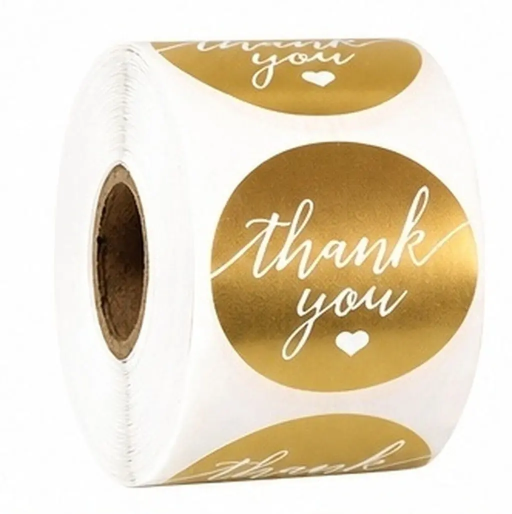 Thank You Sticker Roll Golden Metallic Finish Adhesive Backing for Gift Bag Sealing Wedding Favors Baking Packaging Envelopes