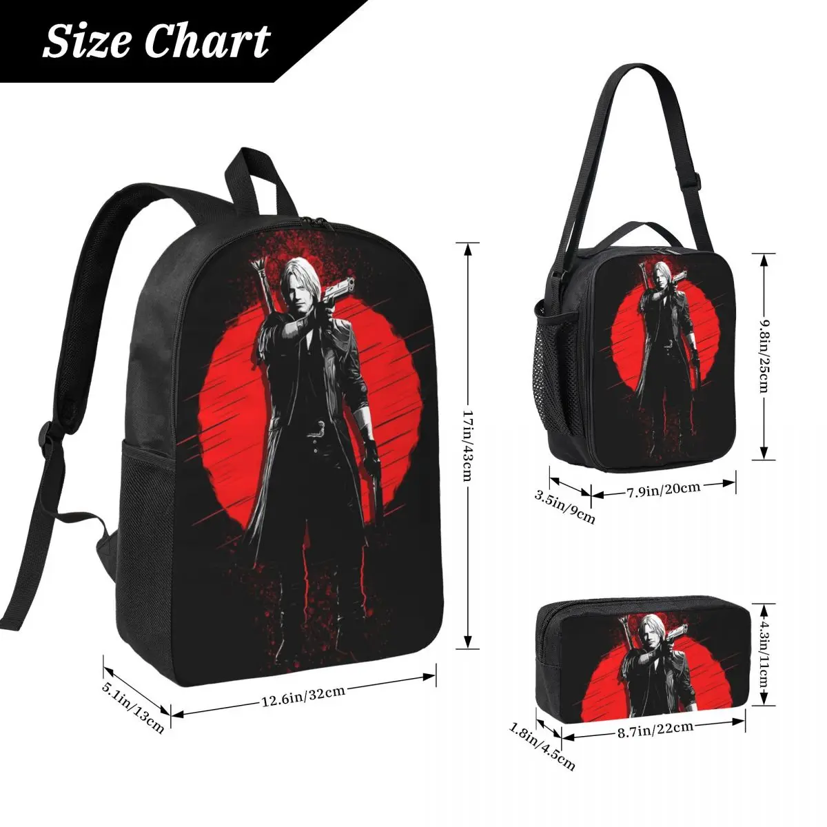 Dante - Devil May Cry Backpack Student Boys Girls BookBag School Bag Laptop Shoulder Bags 3ps Insulated Lunch Bag Pencil Case