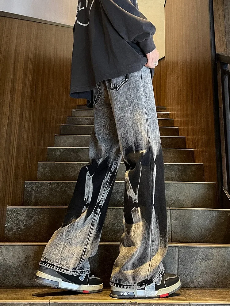 アメリカンレトロタイダイジーンズメンズスリムルーズストレートカジュアルパンツストリートスレハオメスモールエンスフレアナイフパンツ