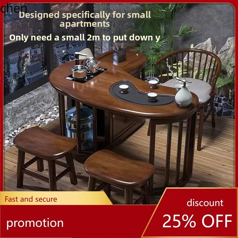 HT New Chinese Style Solid Wood Movable Rotating Tea Table and Chair Multifunctional Tea Table 1.2m Small Balcony Tea Table