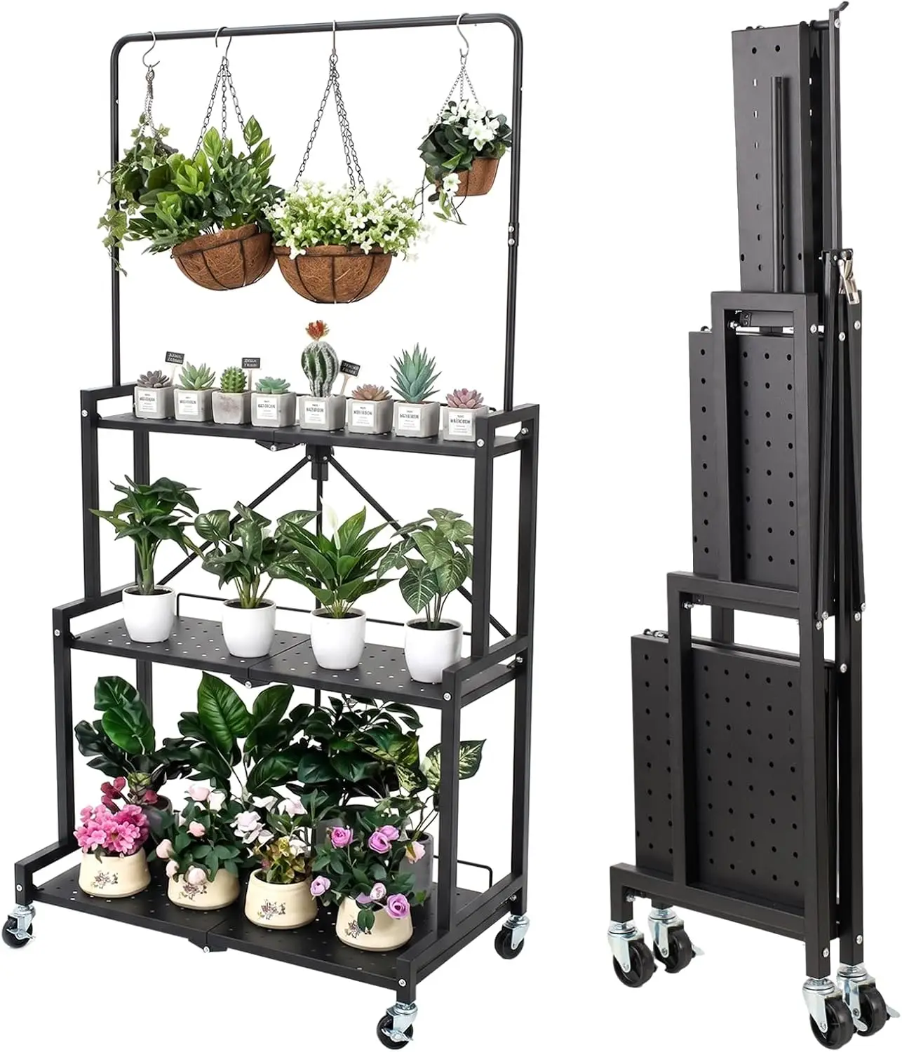 Foldable 4 Tier Plant Stand With Wheels, Indoor Outdoor Folding Flower Pot Shelf Organizer, Rolling Hanging Plant Stand Corner Rack Display Holder Container, Storage Shelf For Patio Balcony, Black