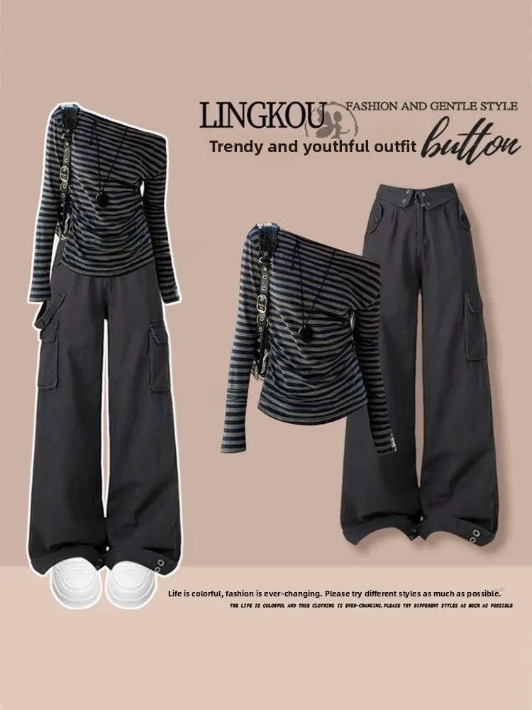 Korean Style plus Size Autumn Set Women's American Retro Diagonal Shoulder Striped Top High Waist Wide Leg Workwear Pants Two...